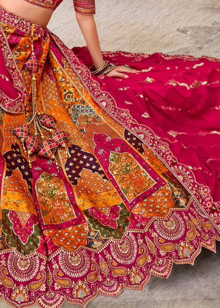 Tangerine Orange & Pink Banarasi Silk Lehenga Choli with Zarkan, Sequence and Thread Work