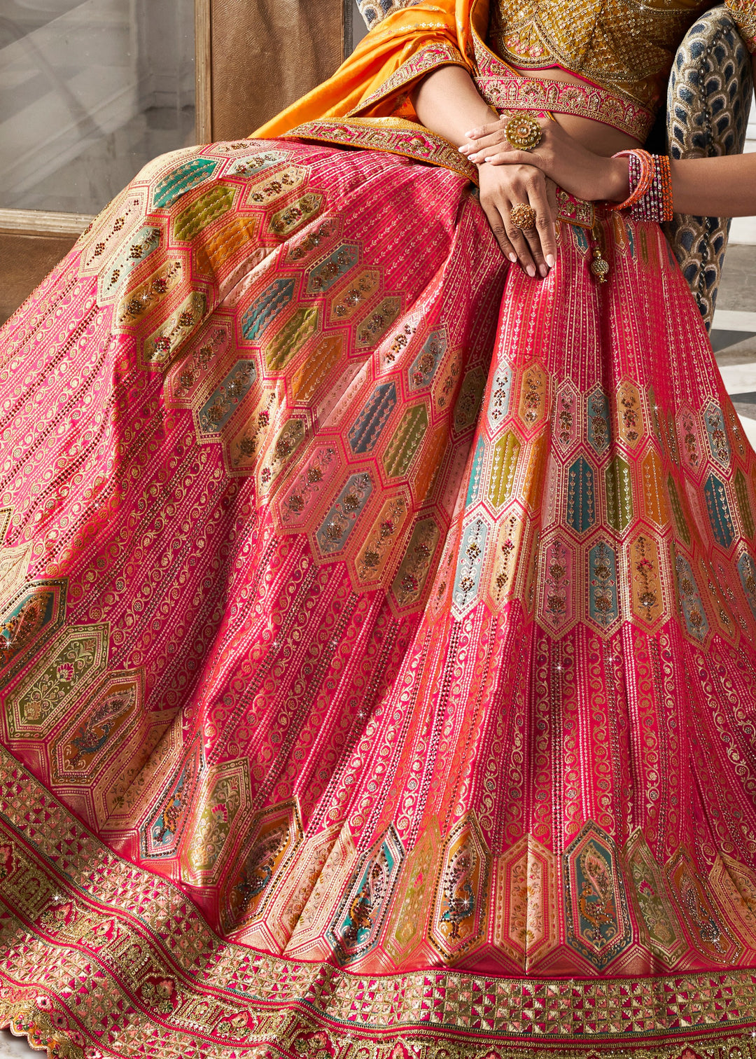 Mustard Yellow & Orange Banarasi Silk Lehenga with Zarkan Codding work