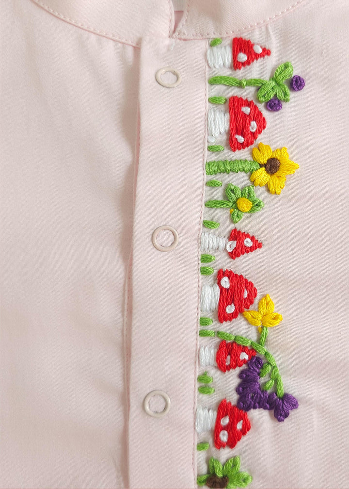 Organic Cotton Mushroom Embroidered Baby Pink Kurta paired with Pajama Pants - Cluster