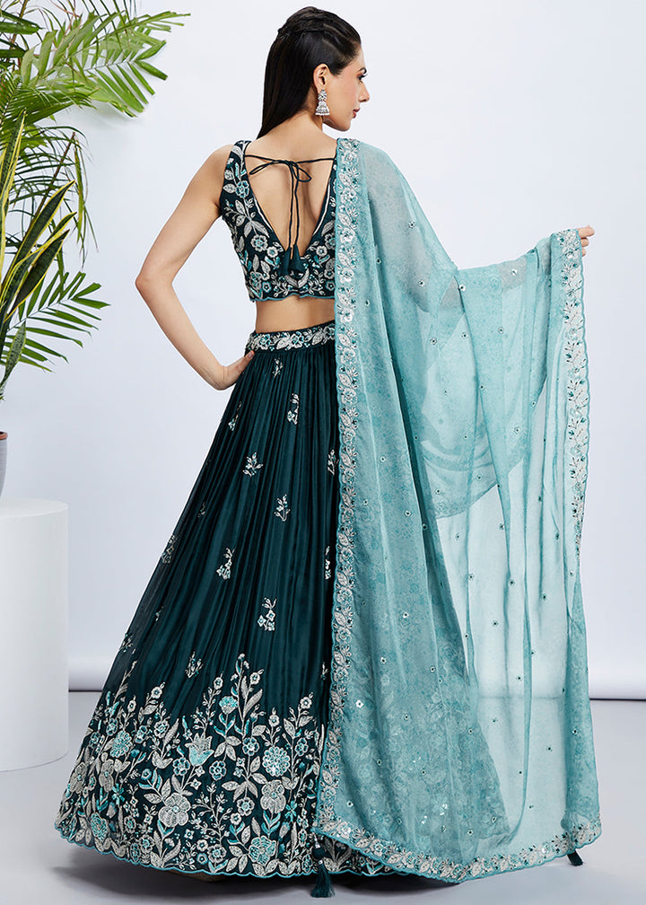 Dark Teal Green Georgette Lehenga Choli with Sequins & Thread Embroidery work