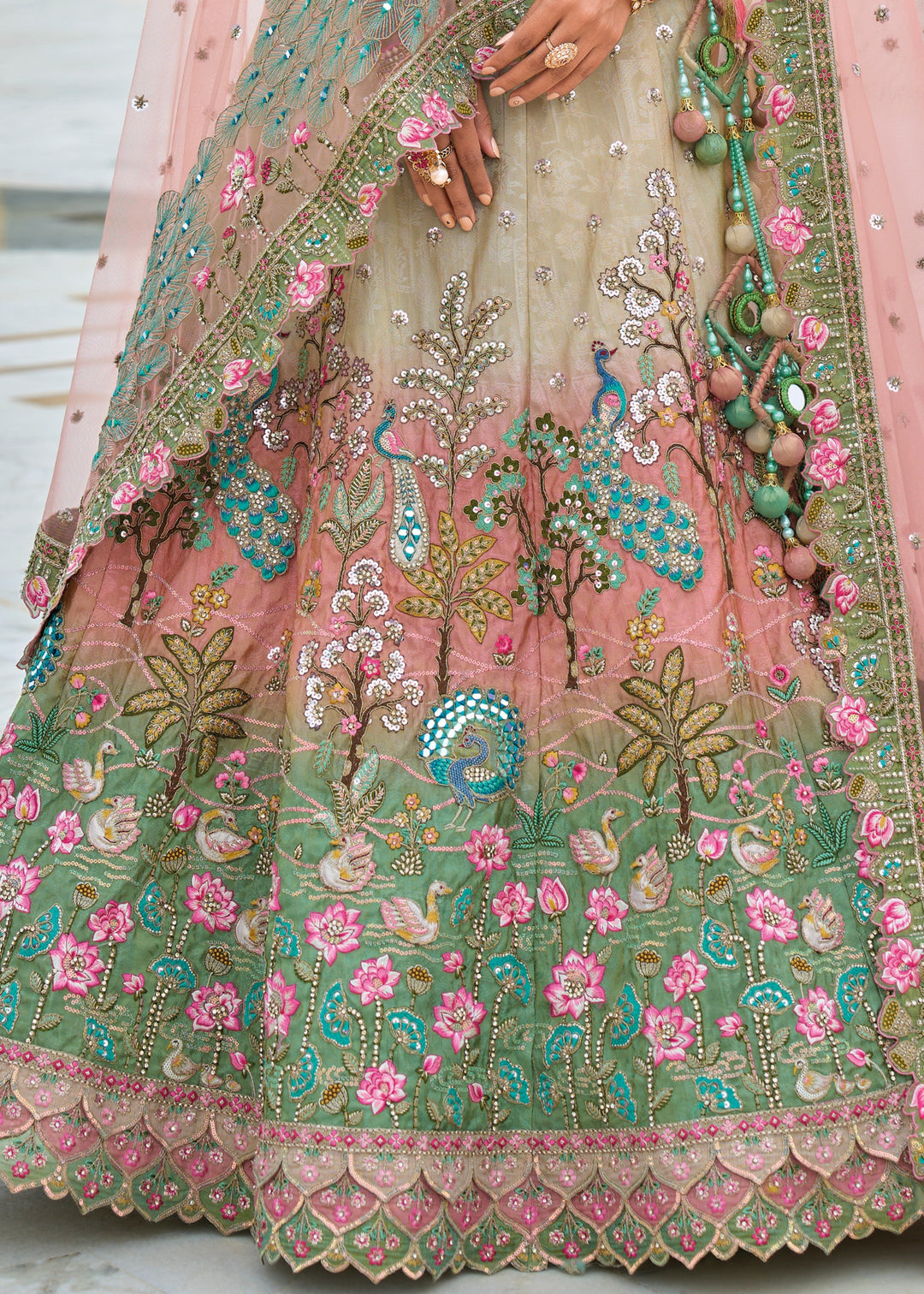 Pista Green and peach Viscose Tissue Lehenga Choli with Embroidery Work (PRE-ORDER)