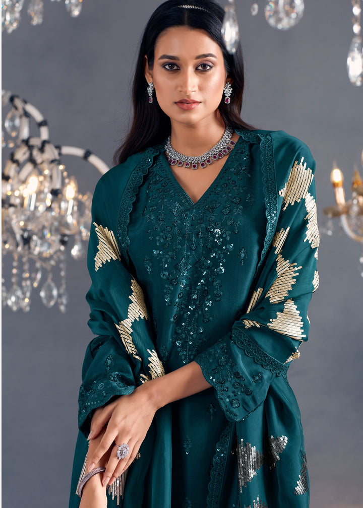 Teal Hazel Russian Silk Sequins Salwar Suit