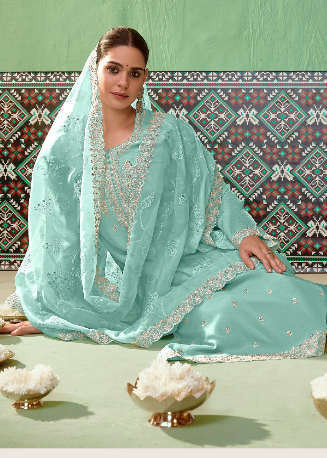 Blue Pure Bamber Silk with Embroidery Salwar Suit