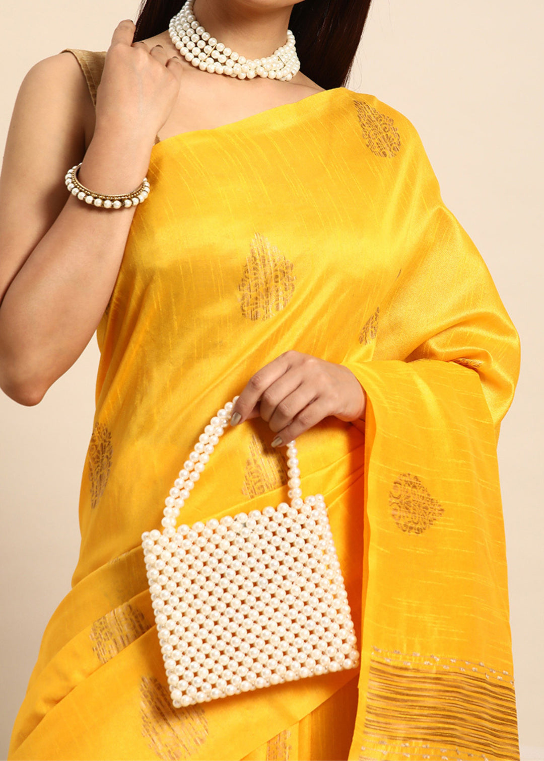 Golden Yellow Denim Blue Woven Handloom Raw Silk Saree