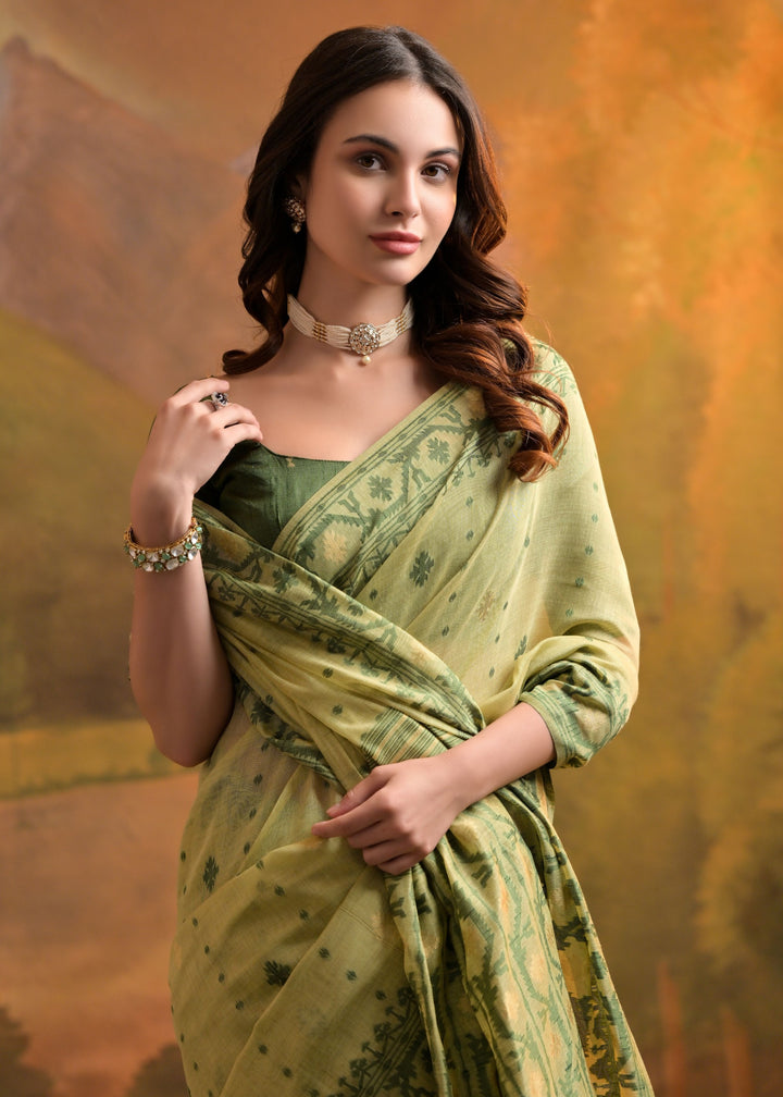 Light Green Thread Woven Cotton Saree With All Over Butti