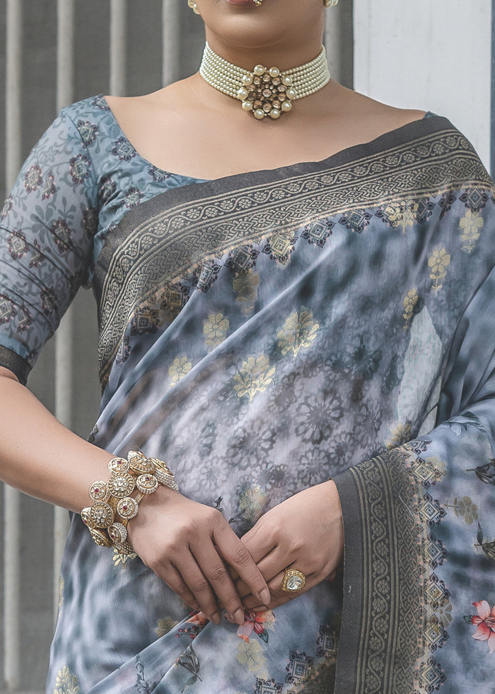 Pigeon Blue Woven Silk Saree