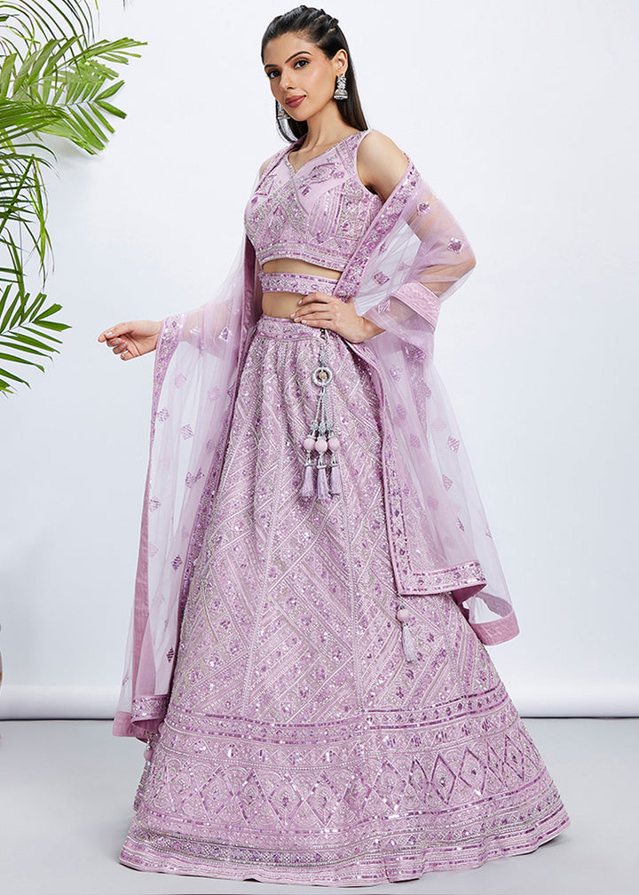 Lavender Purple Net Lehenga Choli with Cut-Dana, Sequins & Zarkan Embroidery work