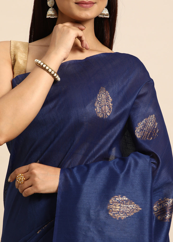 Denim Blue Woven Handloom Raw Silk Saree