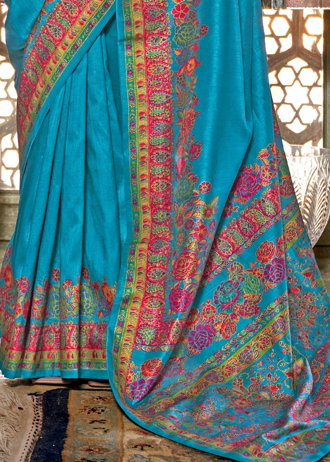 Azure Blue Silk Saree With Luxury Print And Glory Finish