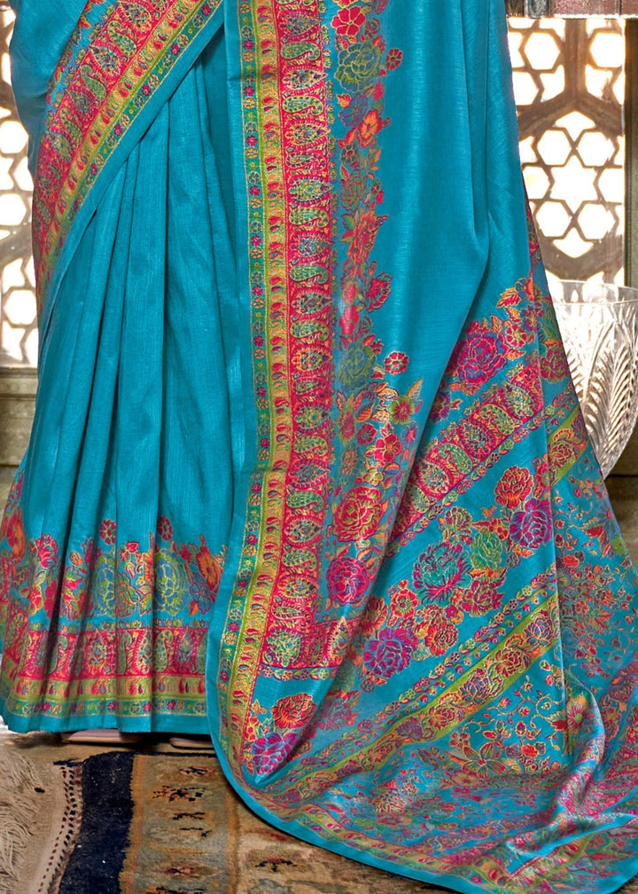 Azure Blue Silk Saree With Luxury Print And Glory Finish