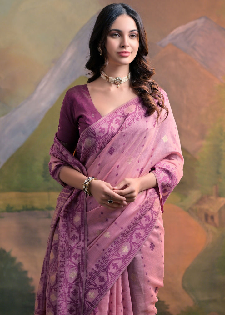 Blush Pink Thread Woven Cotton Saree With All Over Butti