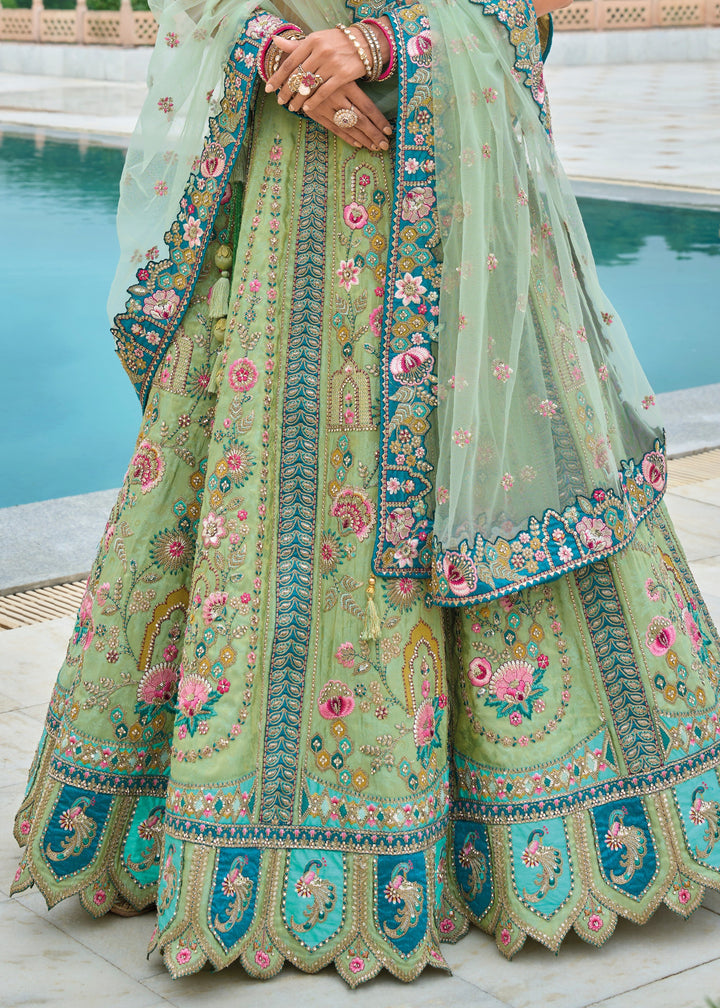 Cerulean Blue and Green Viscose Tissue Lehenga Choli with Embroidery Work