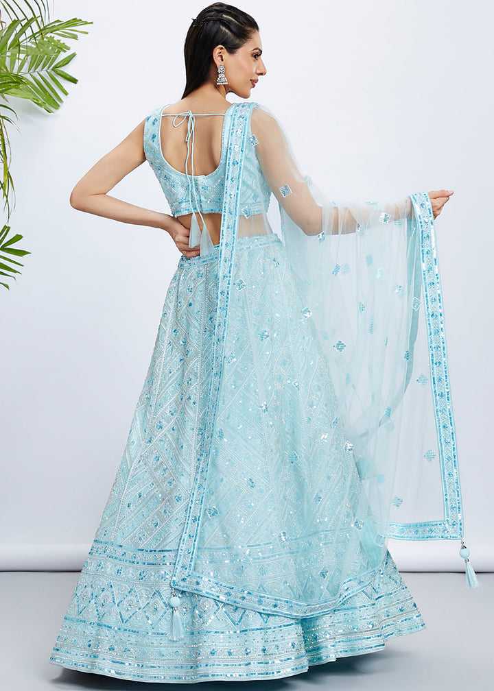 Baby Blue Net Lehenga Choli with Cut-Dana, Sequins & Zarkan Embroidery work