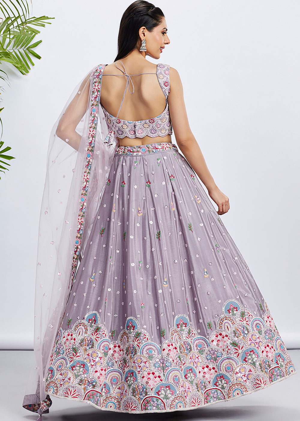 Floral Purple Chiffon Lehenga Choli with Sequins & Thread Embroidery work