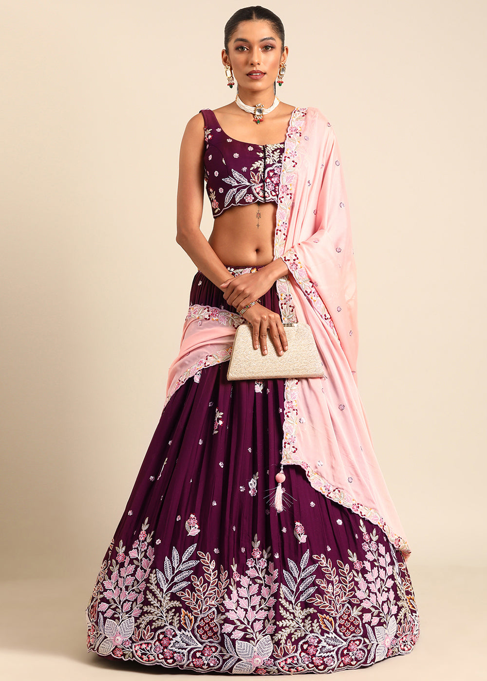 Jam Purple Georgette Lehenga Choli with Sequins & Thread Embroidery work