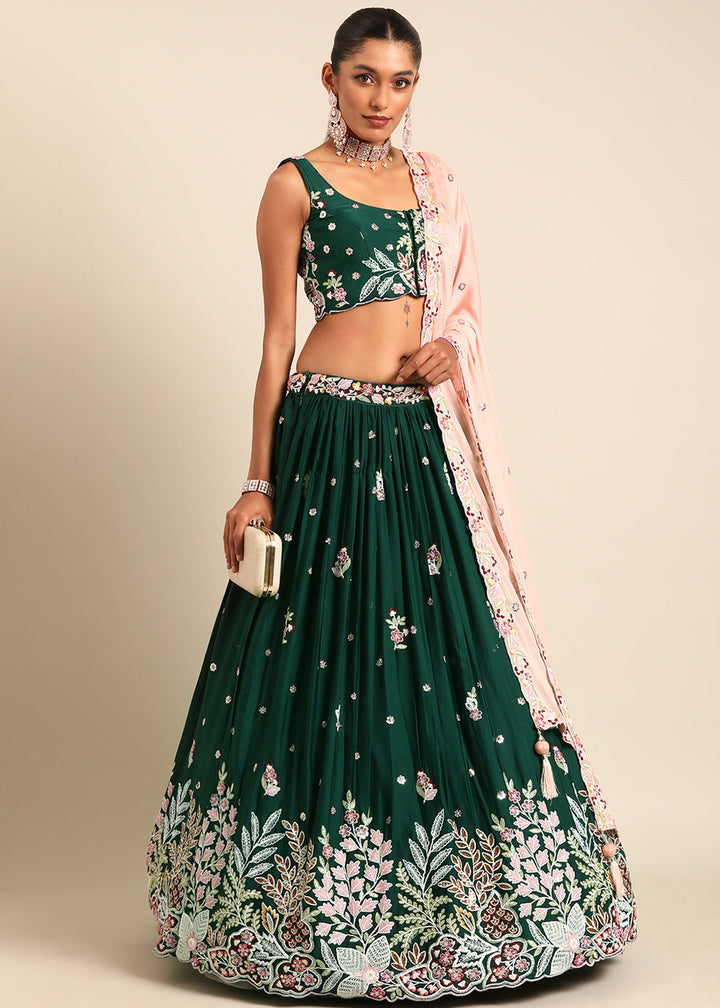 Sacramento Green Georgette Lehenga Choli with Sequins & Thread Embroidery work