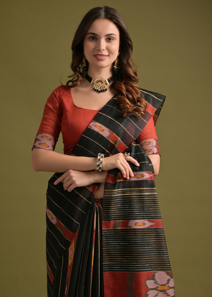 Carbon Black Soft Ikkat Cotton Printed Saree