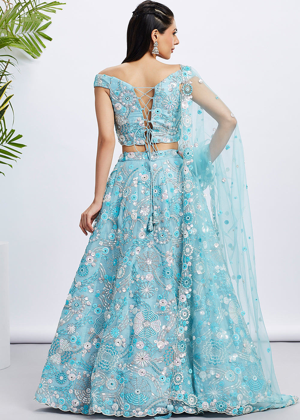 Sky Blue Organza Lehenga Choli with Sequins, Zarkan & Thread Embroidery work