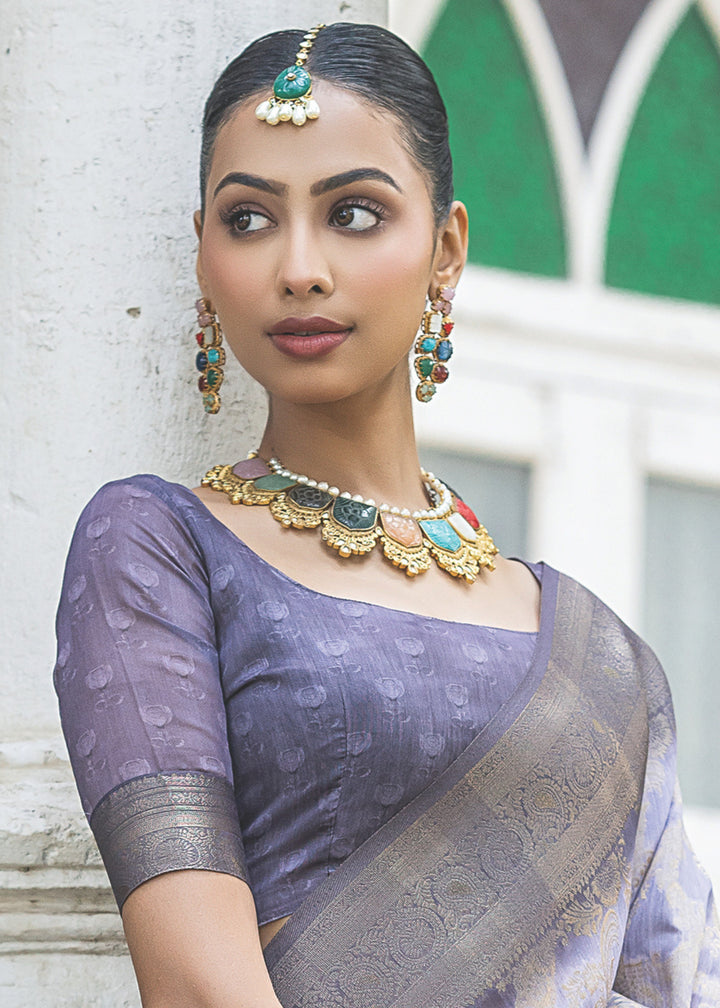 Greyish Purple Woven Silk Saree with Contrast Pallu