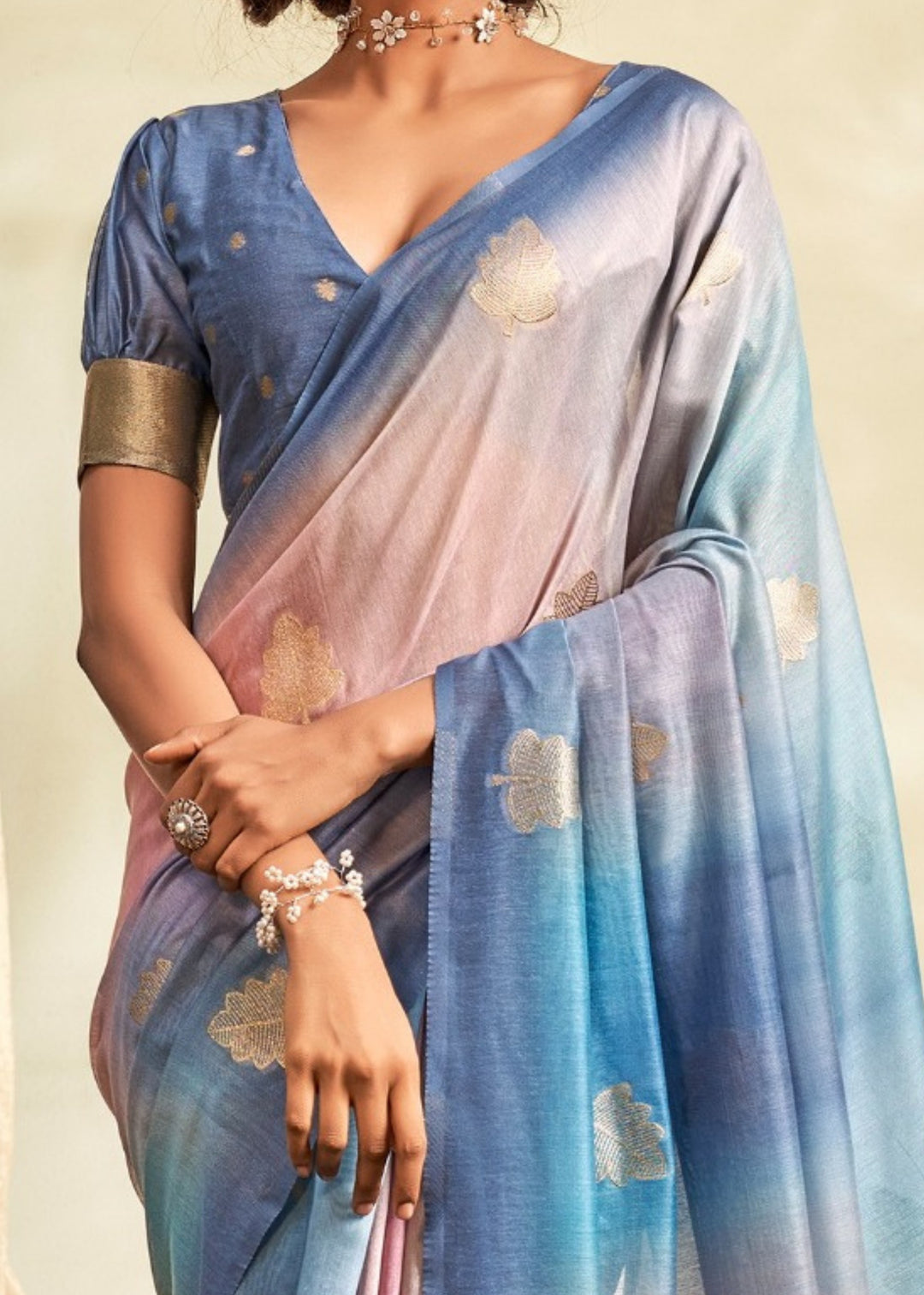 Vivid Cerulean Blue Handloom Khadi Silk with Digital Print