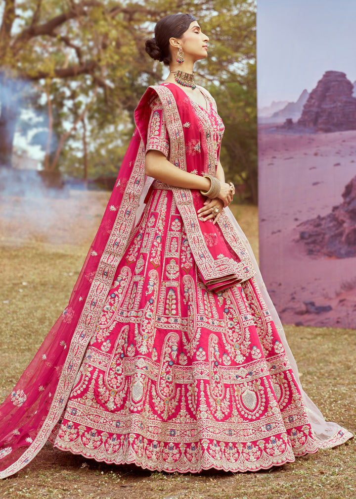 Pink Pure silk Moti, Sequins Embroidery Bridal Lehenga