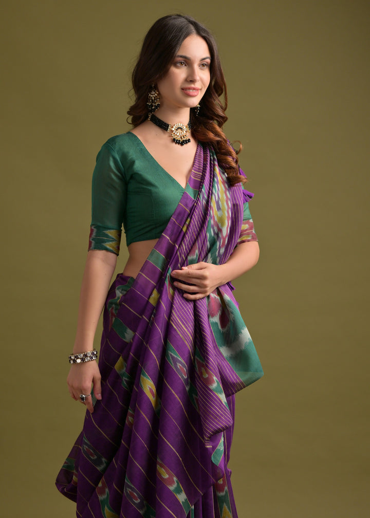 True Purple Soft Ikkat Cotton Printed Saree