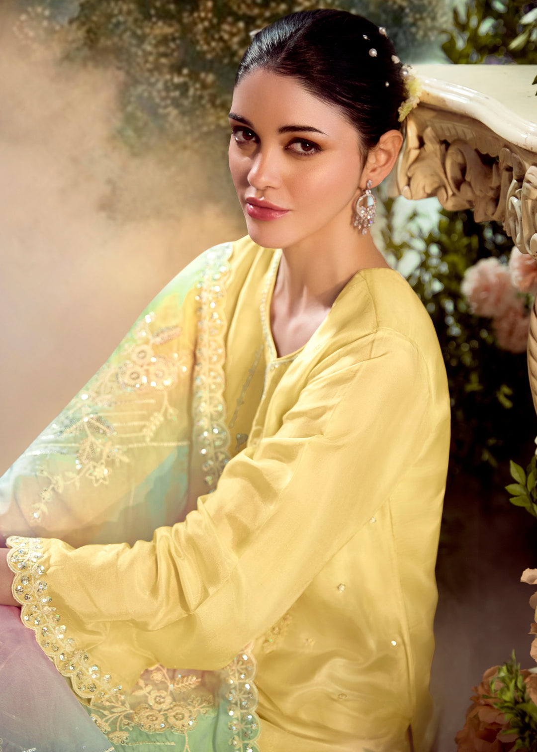 Pastel Yellow Modale Silk Salwar Suit with Embroidery