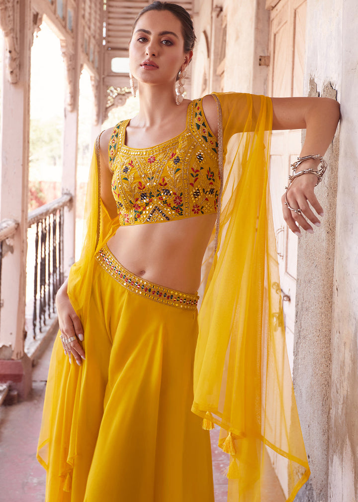 Aureolin Yellow Georgette Sharara Choli with Embroidery work