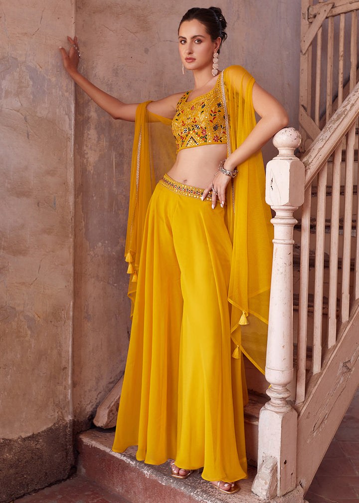 Aureolin Yellow Georgette Sharara Choli with Embroidery work