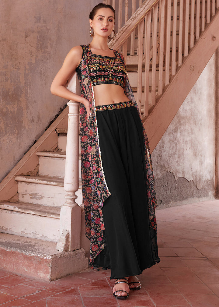 Onyx Black Georgette Sharara Choli with Embroidery work