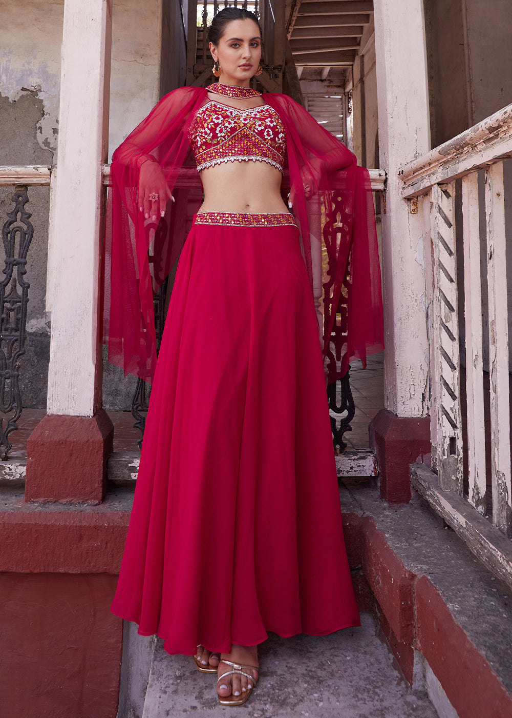 Ruby Pink Georgette lehenga Choli with Embroidery work