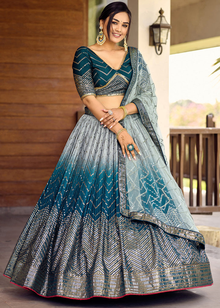 Shades Of Blue Soft Net Lehenga Choli with Sequins & Thread Embroidery work