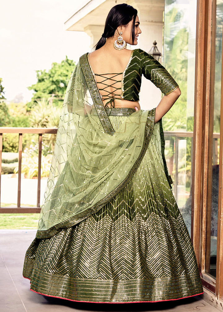 Shades Of Green Soft Net Lehenga Choli with Sequins & Thread Embroidery work