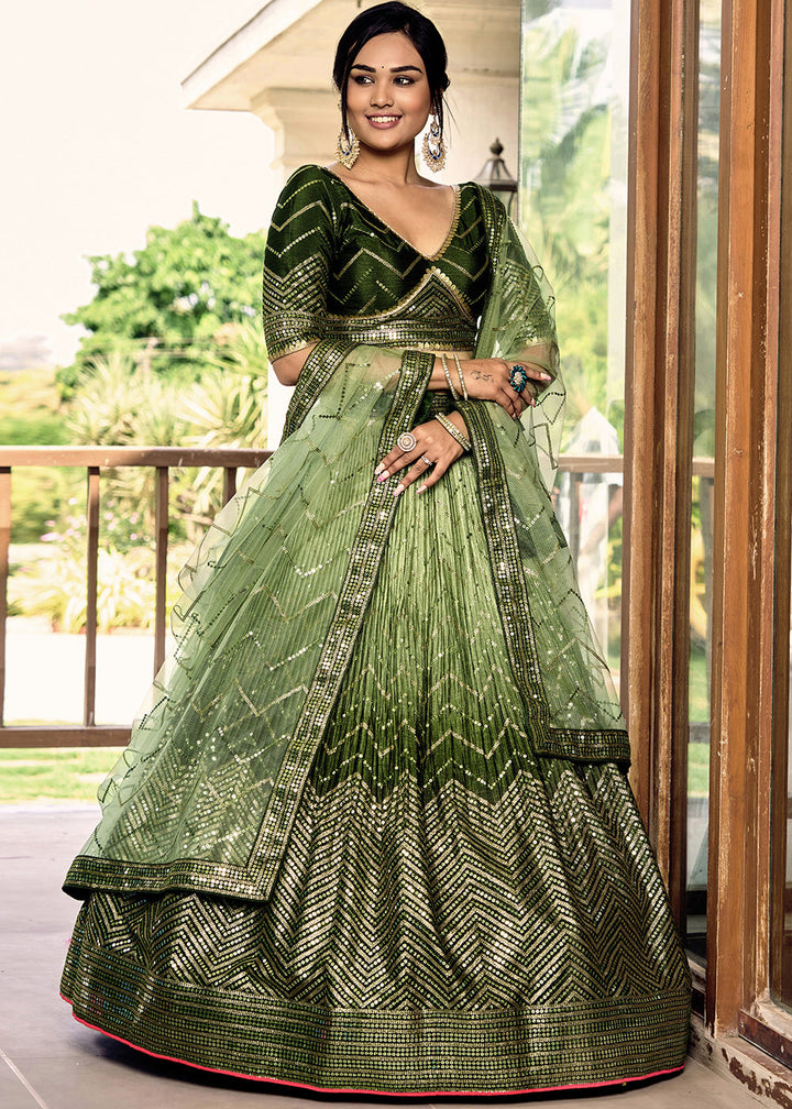 Shades Of Green Soft Net Lehenga Choli with Sequins & Thread Embroidery work