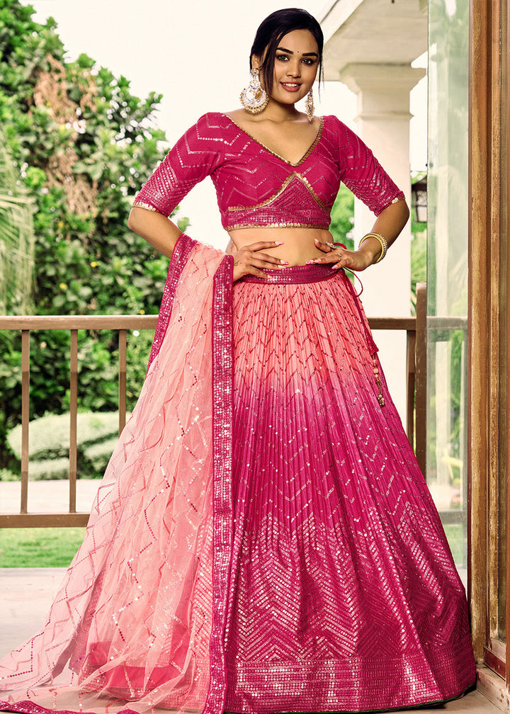 Shades Of Pink Soft Net Lehenga Choli with Sequins & Thread Embroidery work