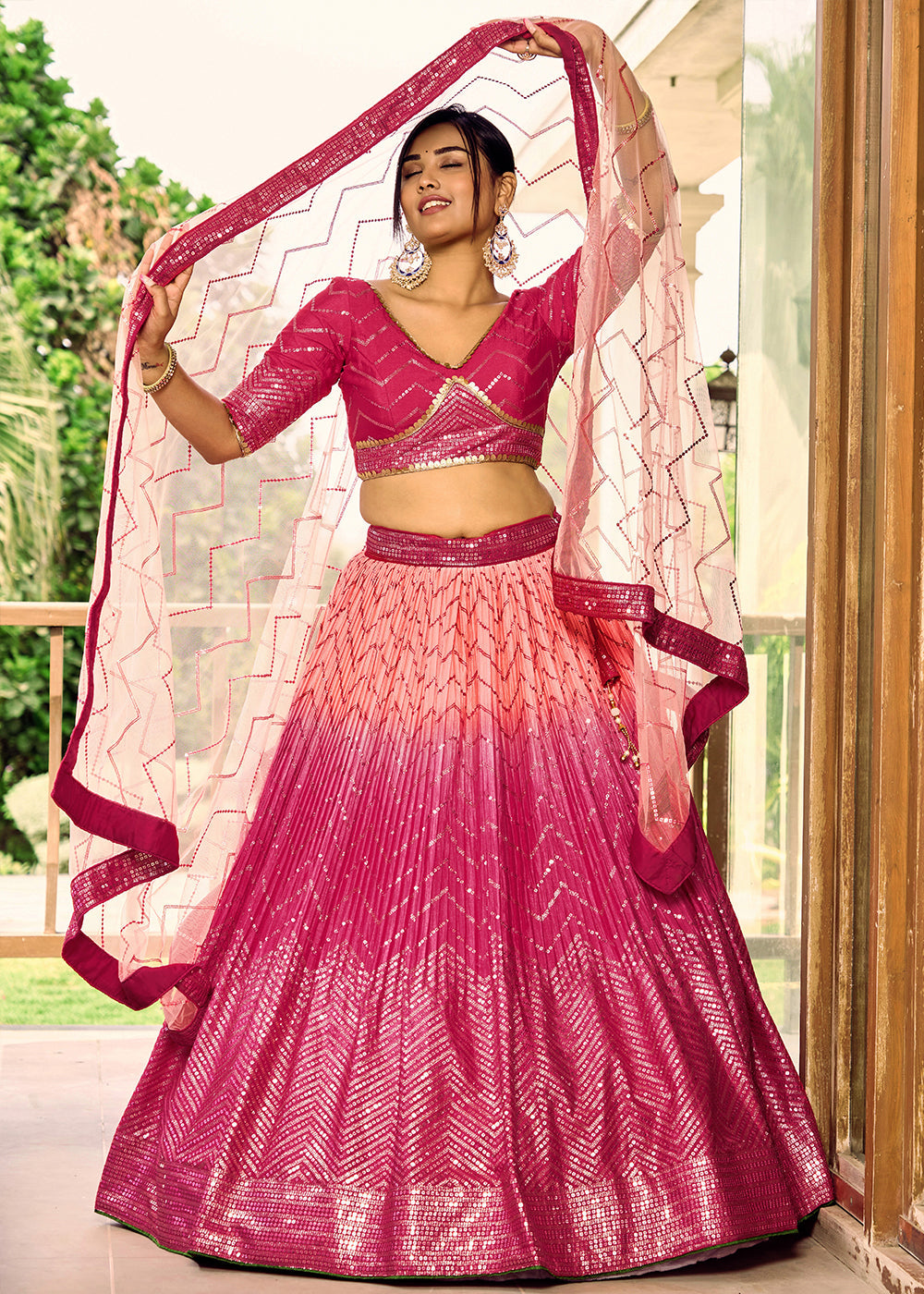 Shades Of Pink Soft Net Lehenga Choli with Sequins & Thread Embroidery work