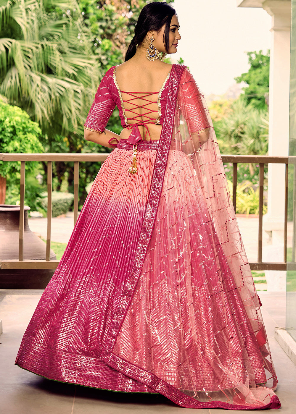 Shades Of Pink Soft Net Lehenga Choli with Sequins & Thread Embroidery work