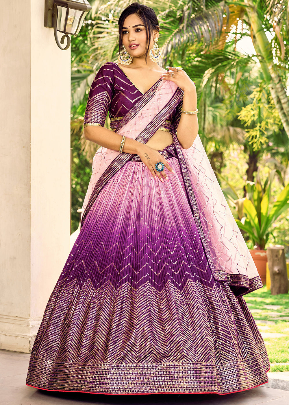 Shades Of Purple Soft Net Lehenga Choli with Sequins & Thread Embroidery work