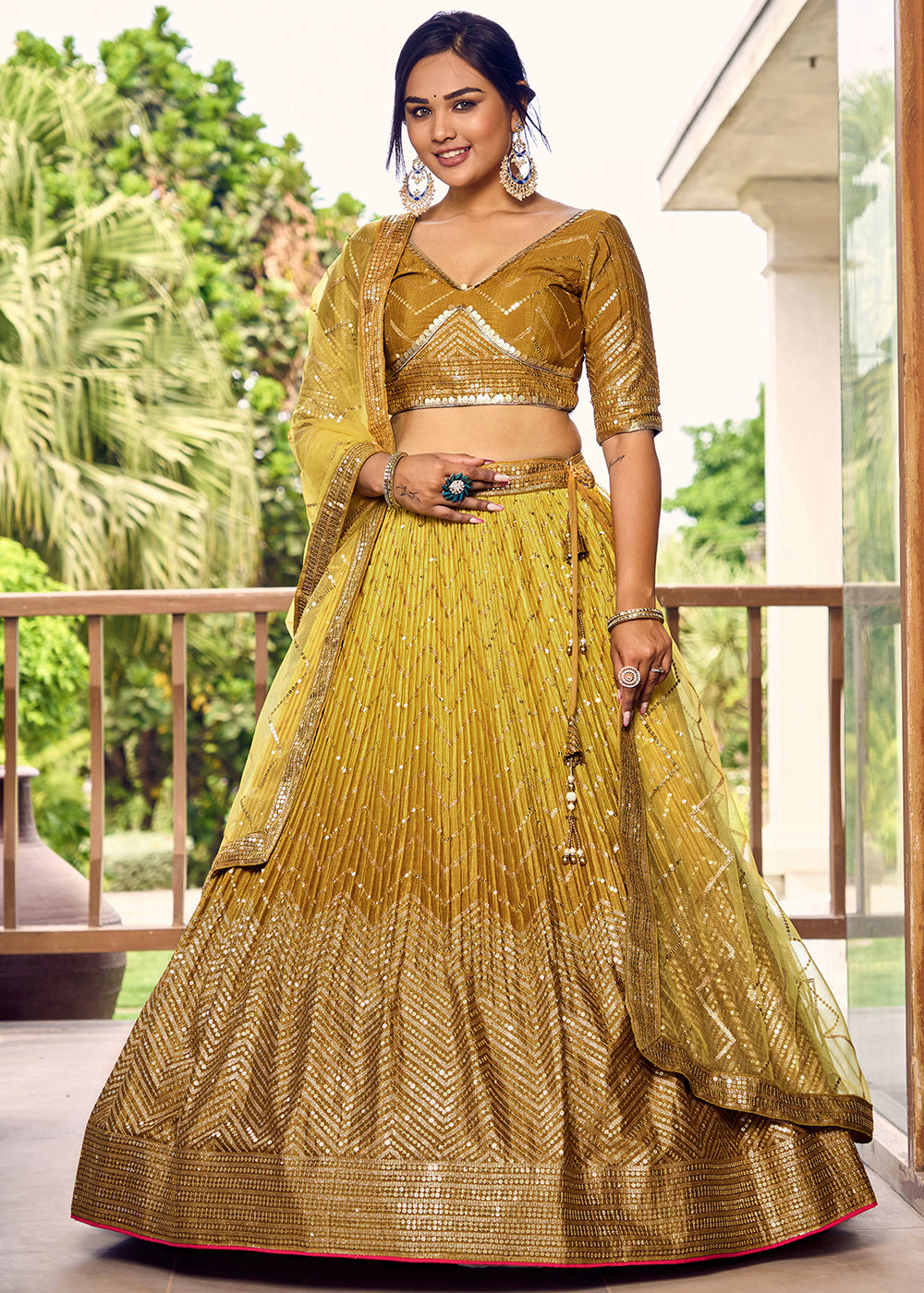 Shades Of Yellow Soft Net Lehenga Choli with Sequins & Thread Embroidery work