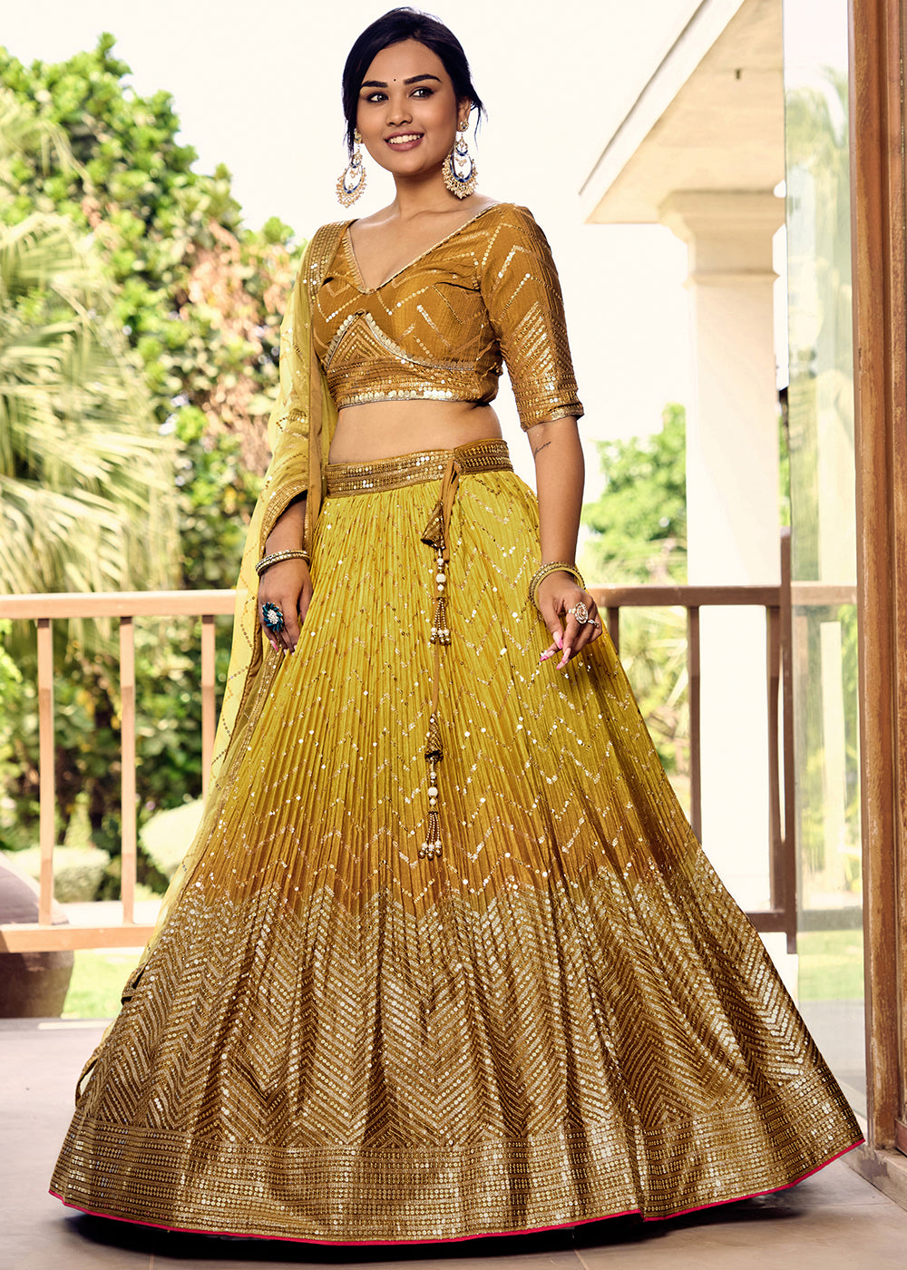 Shades Of Yellow Soft Net Lehenga Choli with Sequins & Thread Embroidery work