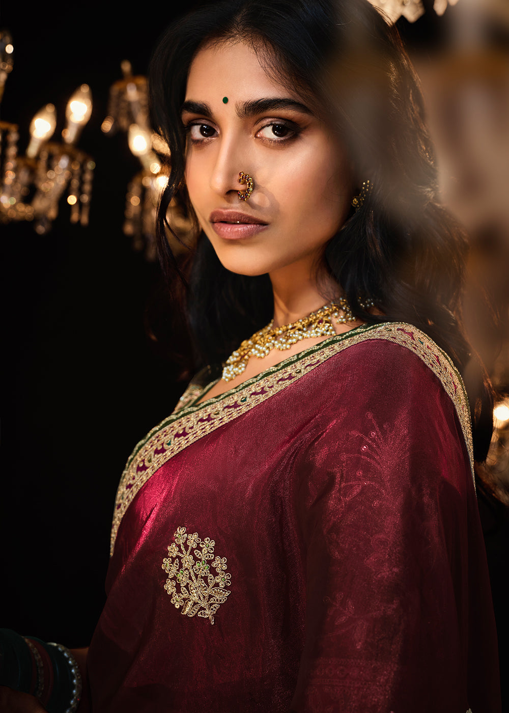 Maroon Red Satin Silk Saree Embellished with Stone,Sequin,Embroidery & Zarkan work