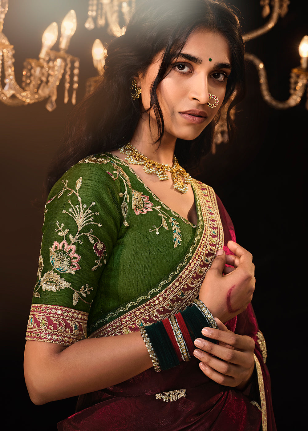 Maroon Red Satin Silk Saree Embellished with Stone,Sequin,Embroidery & Zarkan work