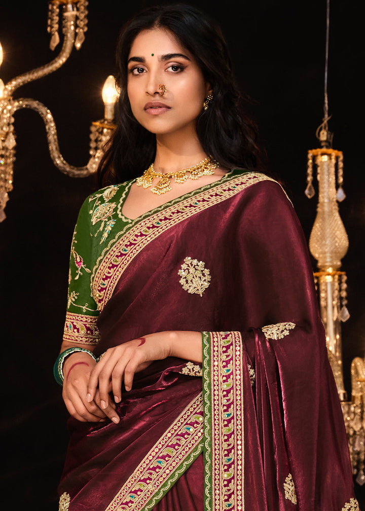 Maroon Red Satin Silk Saree Embellished with Stone,Sequin,Embroidery & Zarkan work