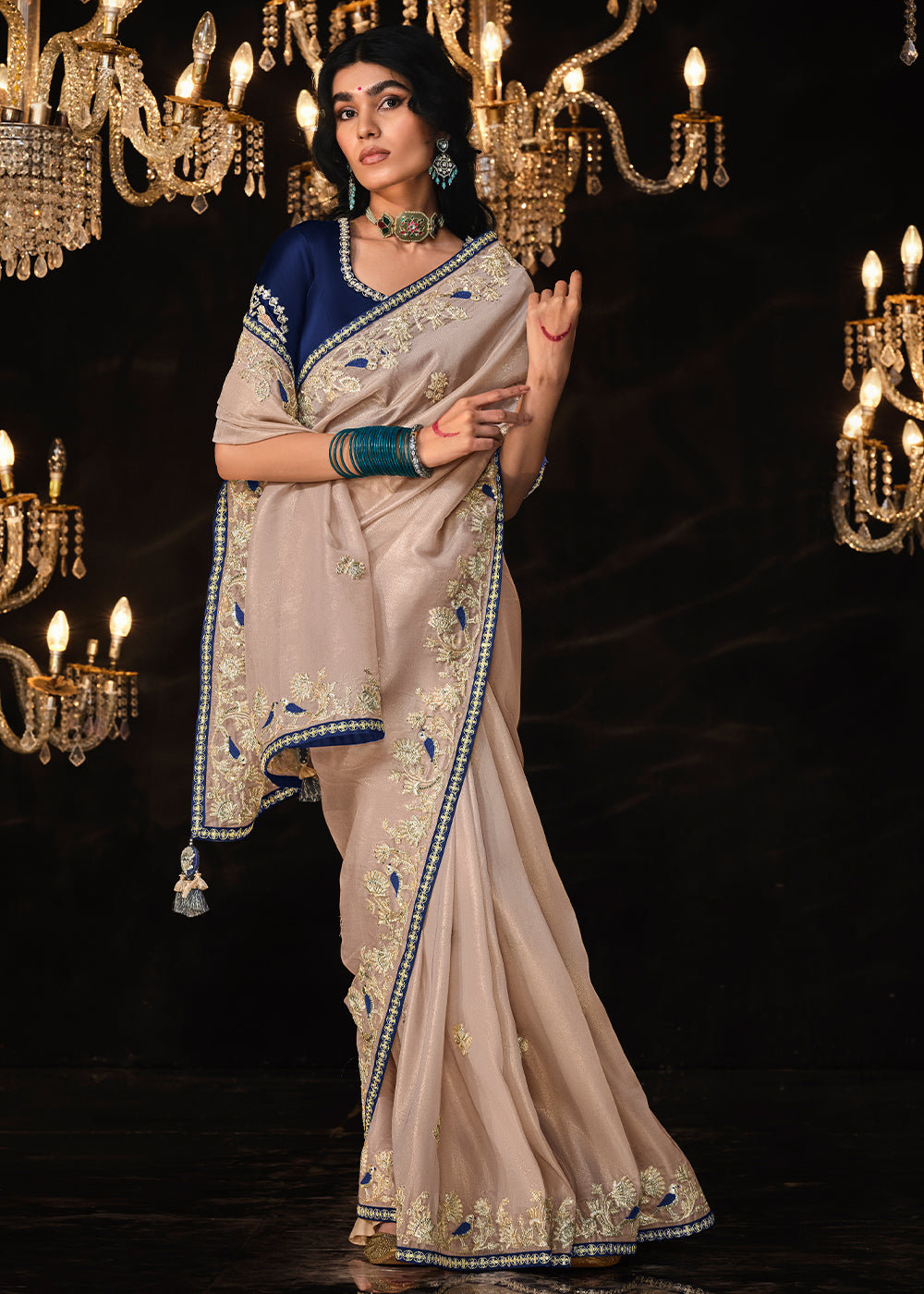 Light Greyish Brown Satin Silk Saree Embellished with Stone,Sequin,Embroidery & Zarkan work