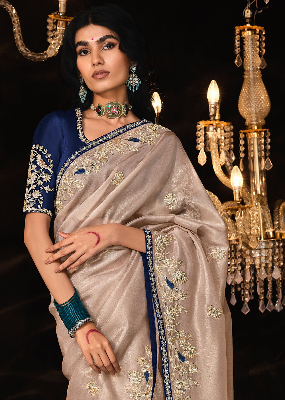 Light Greyish Brown Satin Silk Saree Embellished with Stone,Sequin,Embroidery & Zarkan work