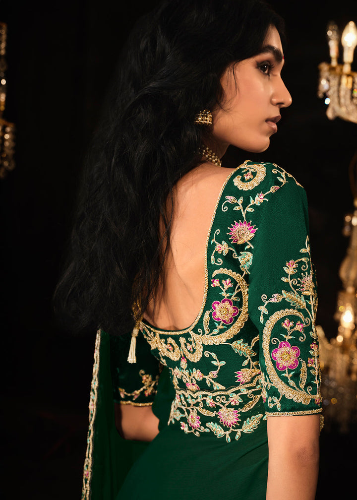 Sacramento Green Satin Silk Saree Embellished with Stone,Sequin,Embroidery & Zarkan work