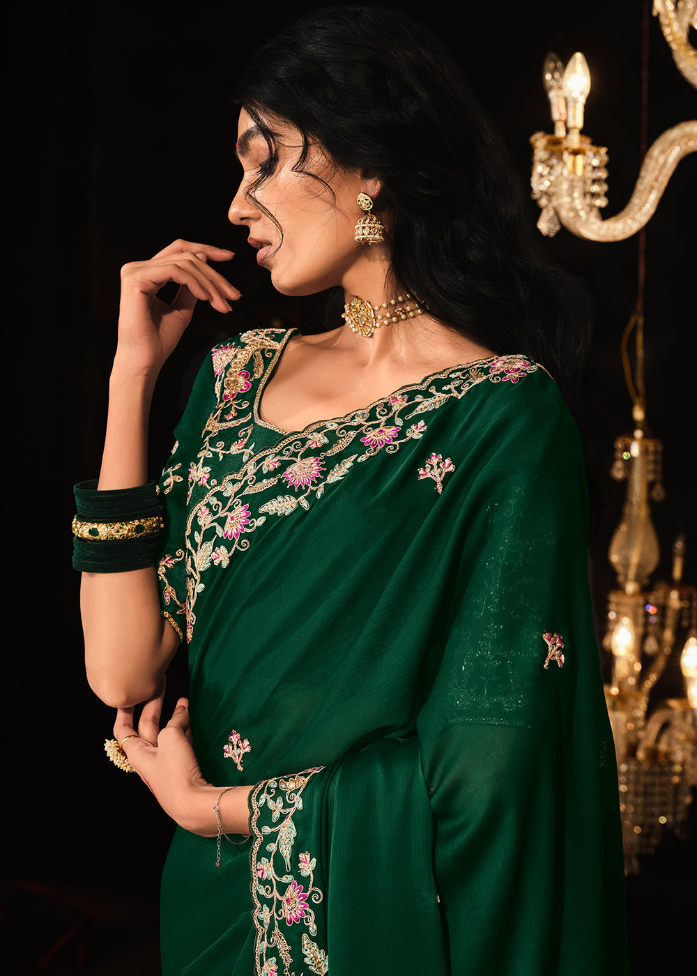 Sacramento Green Satin Silk Saree Embellished with Stone,Sequin,Embroidery & Zarkan work