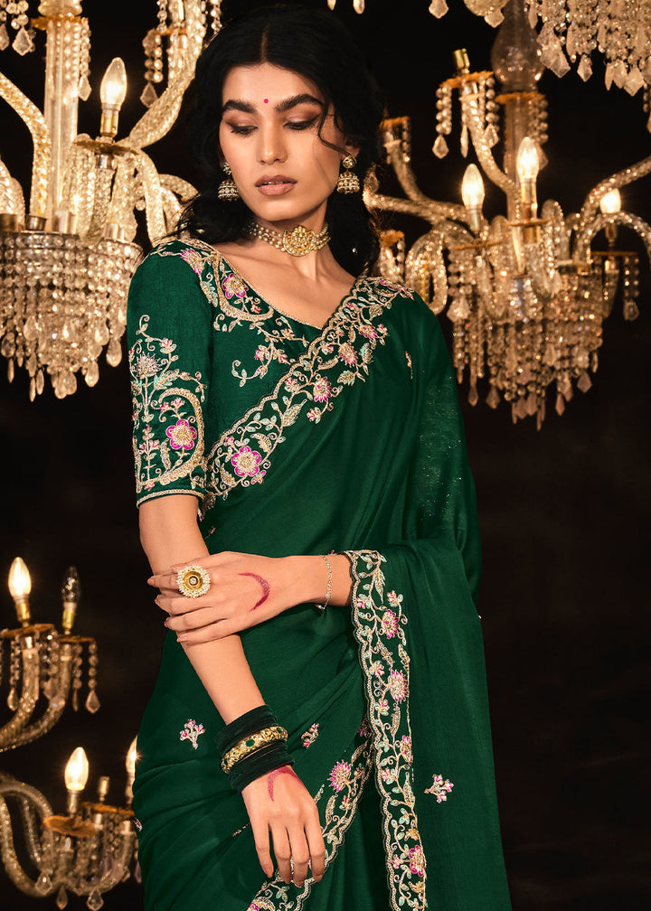 Sacramento Green Satin Silk Saree Embellished with Stone,Sequin,Embroidery & Zarkan work