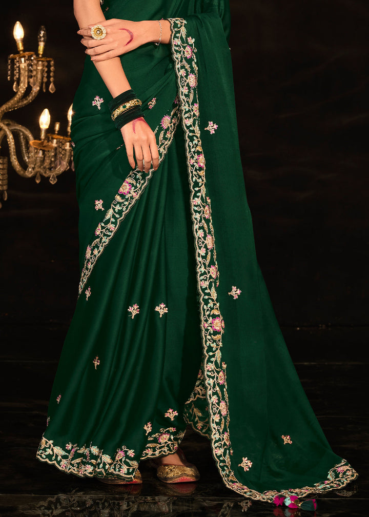 Sacramento Green Satin Silk Saree Embellished with Stone,Sequin,Embroidery & Zarkan work