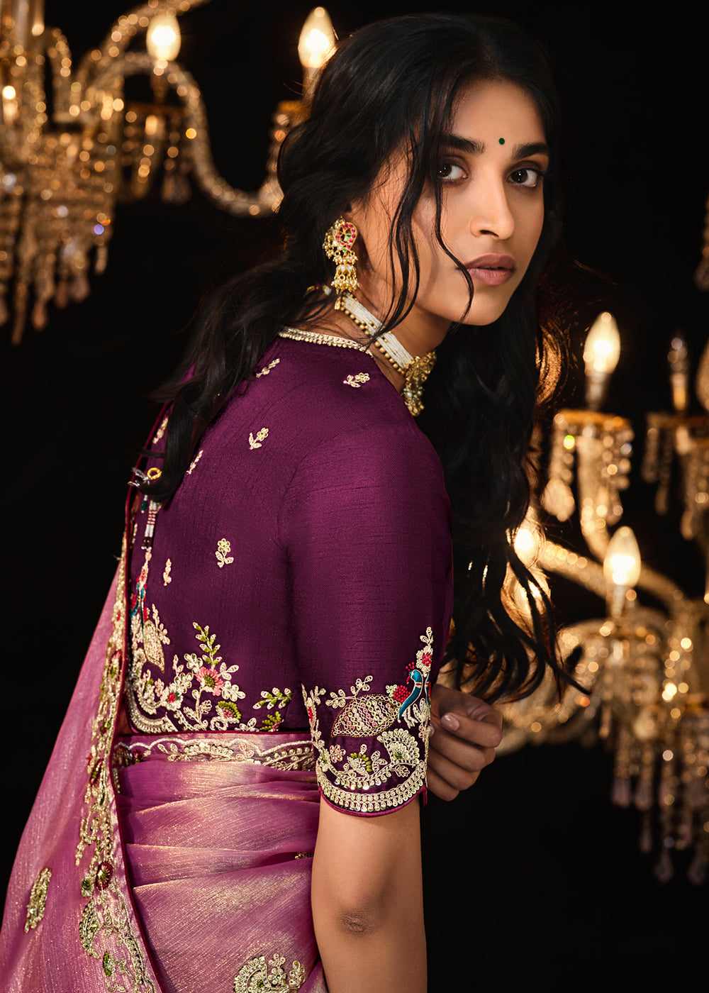 Pinkish Purple Satin Silk Saree Embellished with Stone,Sequin,Embroidery & Zarkan work